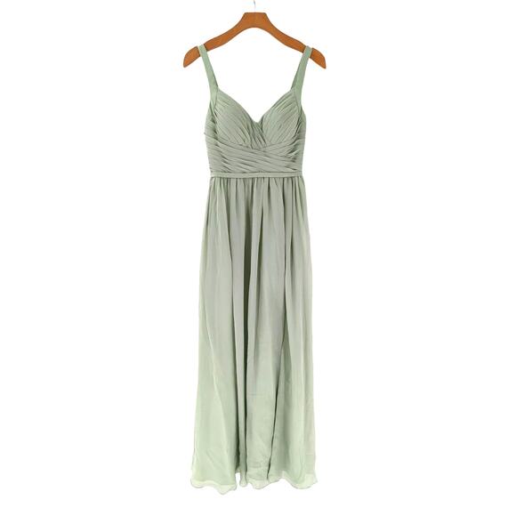 Azazie A-Line Pleated Chiffon Floor-Length Chanel Dress Dusty Sage A0 - Picture 4 of 10